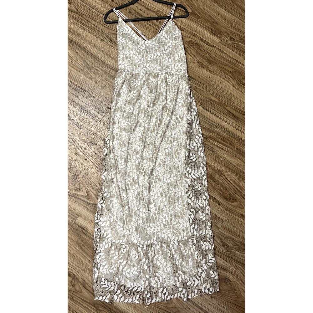 Sugar Lips Dress Women's Medium Taupe Lace Leaf Maxi Strappy Lined Formal NWT
